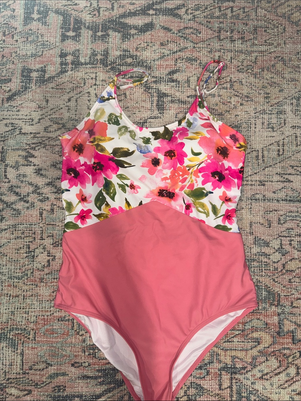 Floral Contrast Pink One-Piece Swimsuit with Adjustable Straps
